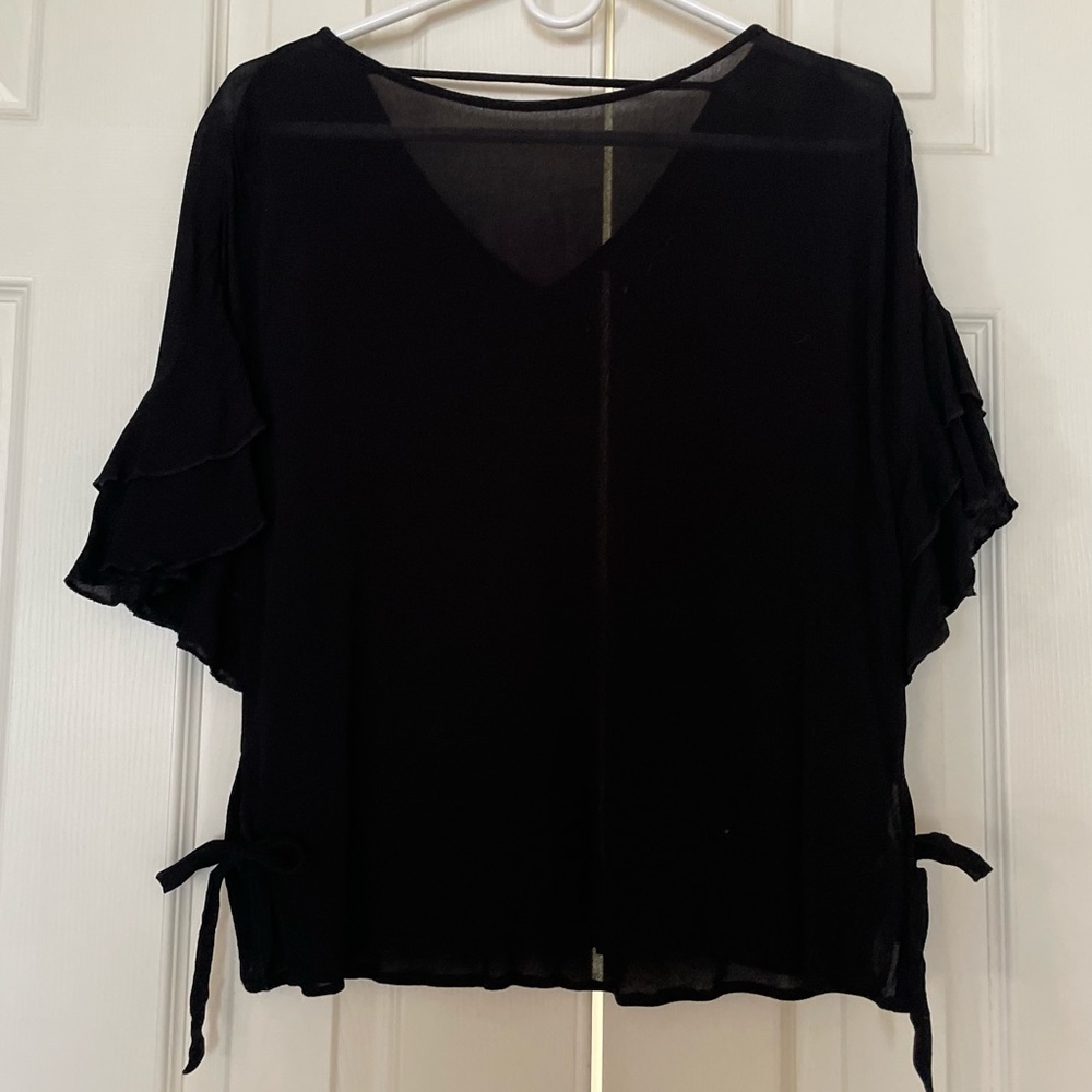 Express Black Flutter Ruffle Short Sleeve Side Tie Blouse- Size XS